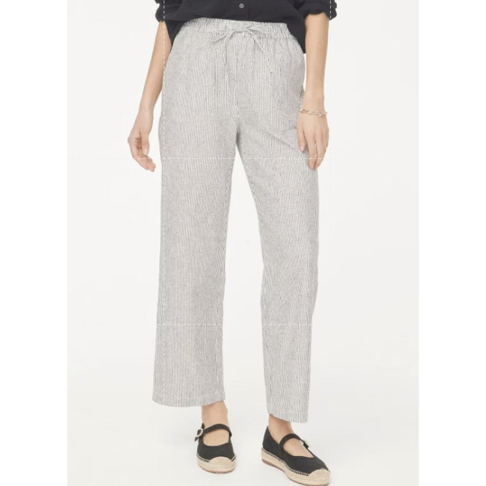 J.Crew Slim Wide Leg Linen Drawstring Pants Womens 14 Black White Striped CG405
